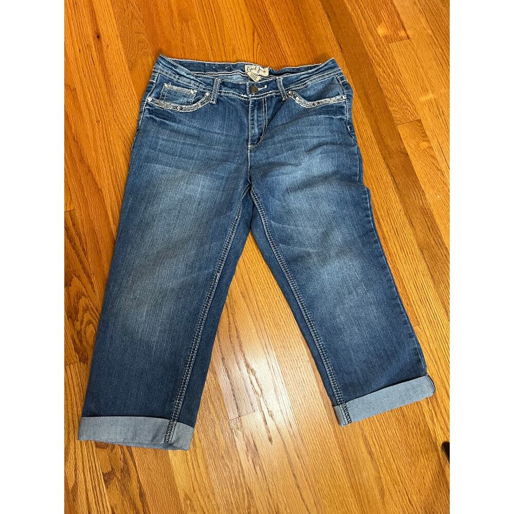 Vintage Earl Jeans white stitched rhinestone trimmed cropped jeans 12 Retro boho